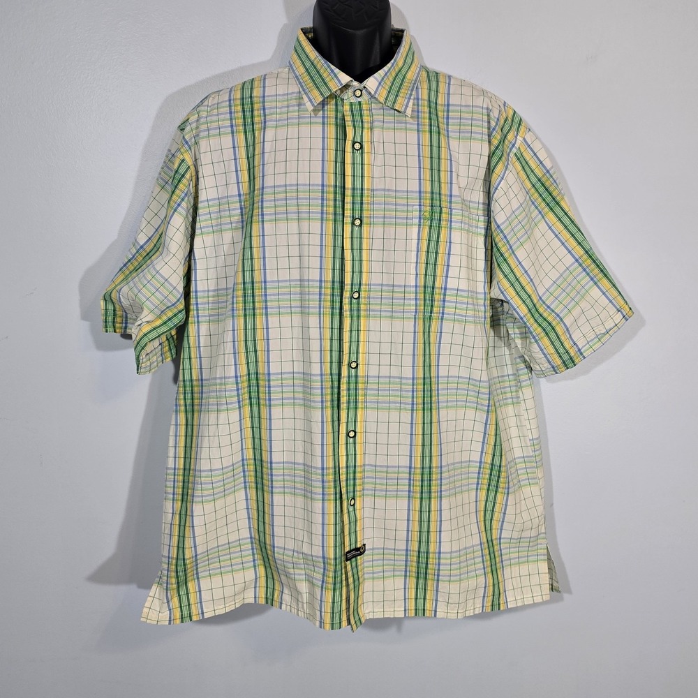 South Pole Striped Shirt Mens XL Green Yellow Blue Cotton Short Sleeve